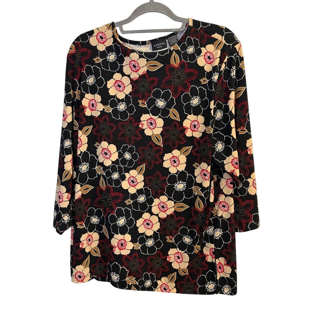 George Woman Plus Black Floral Boho 3/4 Sleeve Blouse Top Plus Size 22W 24W 3X